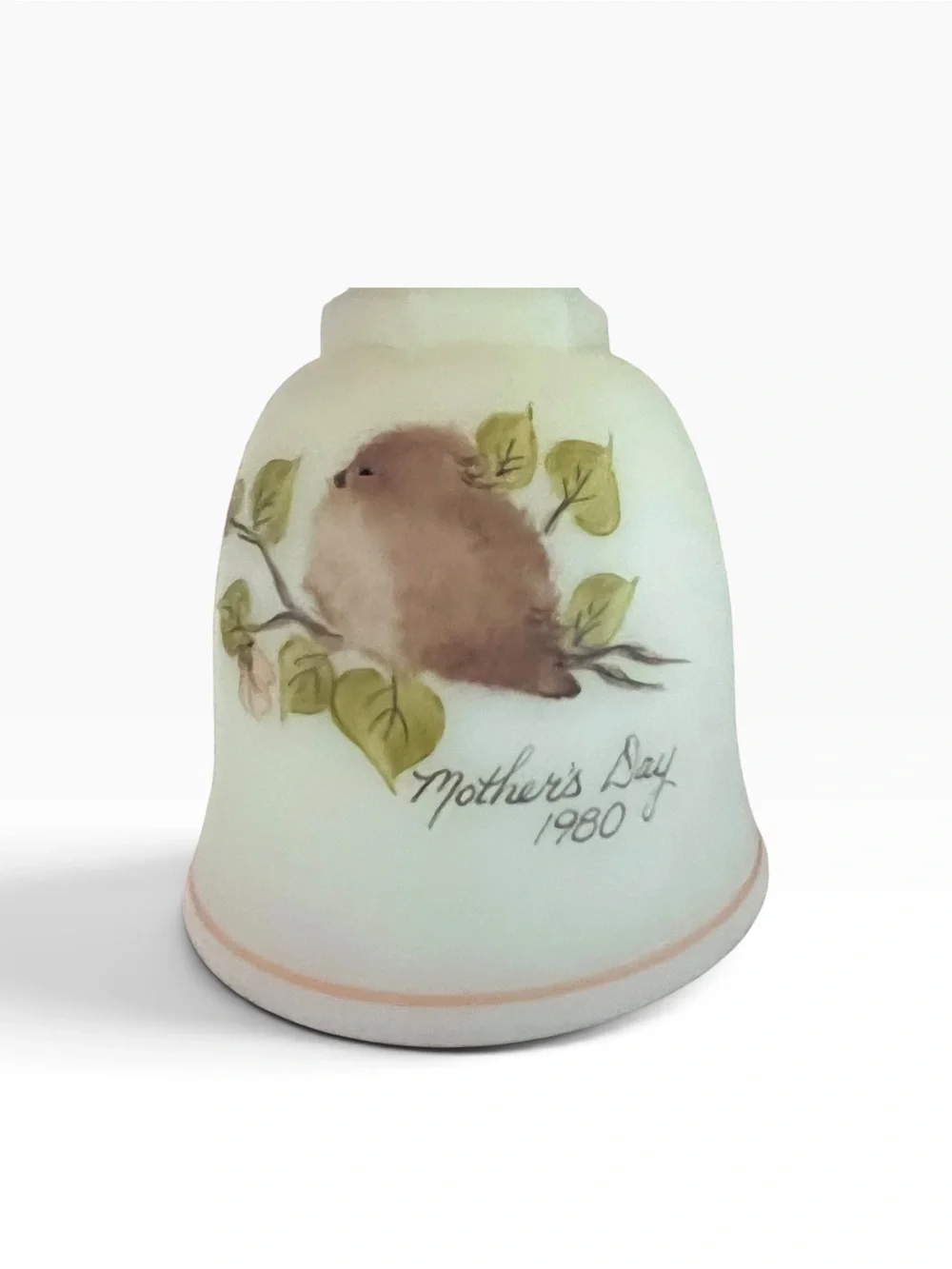 Vtg Fenton Art Glass Vaseline Bird Bell Signed by Kay Cunningham Mothers Day ‘80